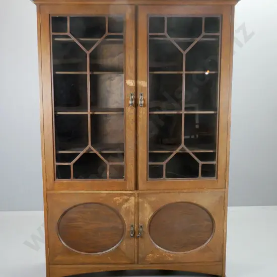 vintage oak large glazed bookcase with 2 doors w/astragals, 2 doors in base, original brass drop handles - polish needs