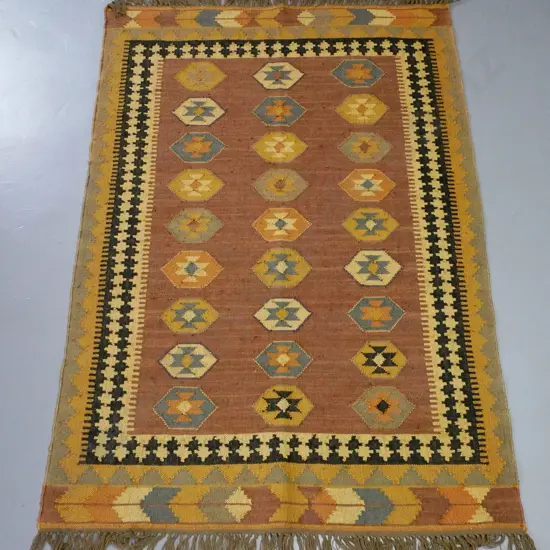 natural fibre dhurrie floor rug - pale blue and earth tones - L-1880 W-1270