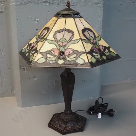 reproduction cast metal and leadlight Tiffany style table lamp with hexagonal shade H630 Shade D480