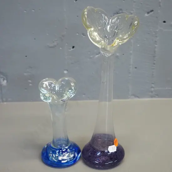 2 art glass jack-in-the-pulpit vases - taller with purple base H-300