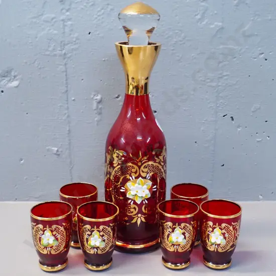 Bohemian hand painted & gilt ruby coloured glass liqueur set - decanter H275 & 6 glasses - stopper end broken