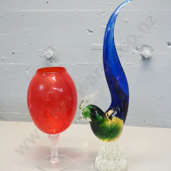 Murano style multi coloured glass rooster H-340 and a red and clear dimple-textured goblet