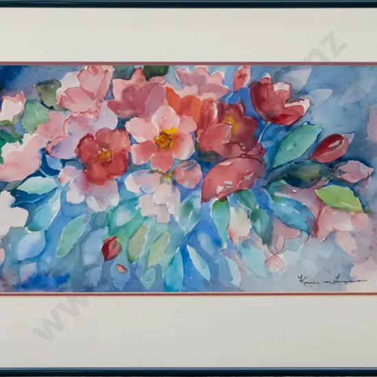 Kath von Tunzelmann - framed watercolour flowers H-260 W-480