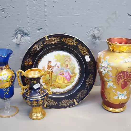 2 Venetian glass vases - claret colour H200 & blue, and 2 pieces Limoges - plate and urn vase