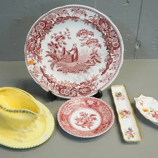 Spode 'Girl At Well' cabinet plate, Crown Ducal gravy boat & saucer, Hammersley mint dish, Derby posy etc.