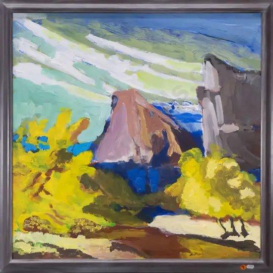 Josie Hibbs framed acrylic on board "Mountain Scene" H-560 W-560