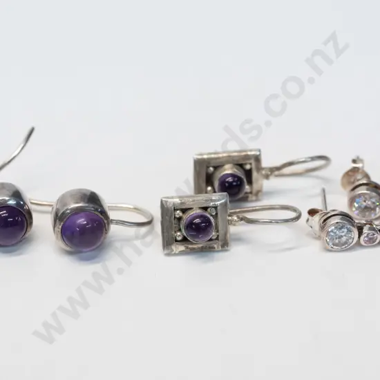 3 pairs of silver amethyst earrings all stamped 925