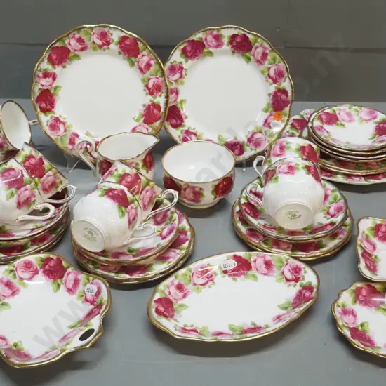 Royal Albert Old English Rose teaware - 8 trios, 3 cake plates, other plates and saucers