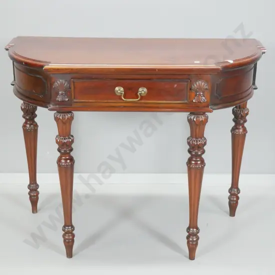 reproduction rounded end hall table w/single drawer, metal drop handle, carved details H-760 W-970 D-470