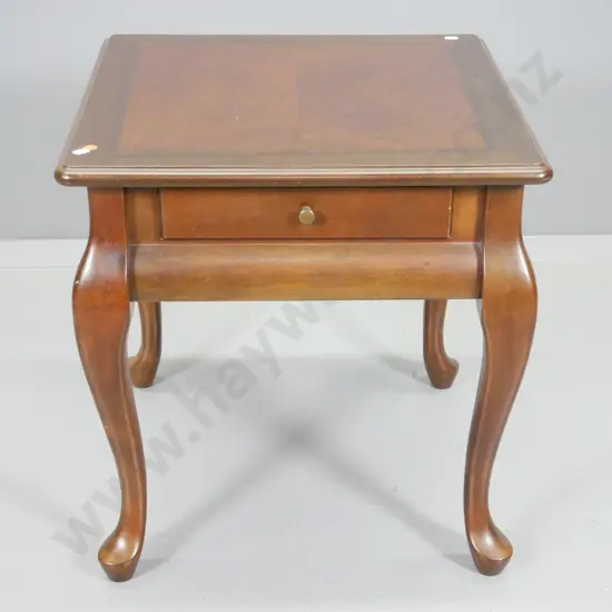 reproduction mahogany cab-leg side/lamp table with drawer, quartered top - H-530 W-510 D-510