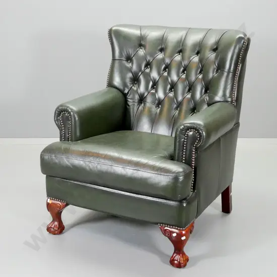 large deep-button studded dark green leather armchair w/carved ball & claw feet H960 W780 D840