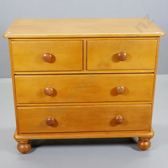 vintage rimu 4-drawer small Scotch chest w/turned handles, ball feet, has had repair to back, H820 W920 D450