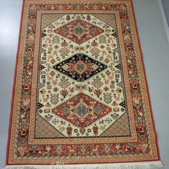Persian style wool floor rug - terracotta, black and beige L2260 W1640