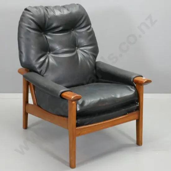 mid-century mahogany framed & black vinyl "Lubeck" chair made by Broadhead Bros Auckland - small tear to vinyl