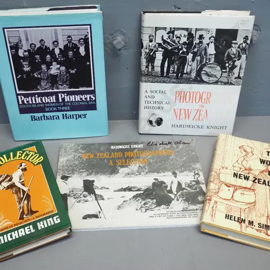 5 books - The Collector by Michael King, Women of NZ, Petticoat Pioneers, Hardwicke Knight photography books etc.