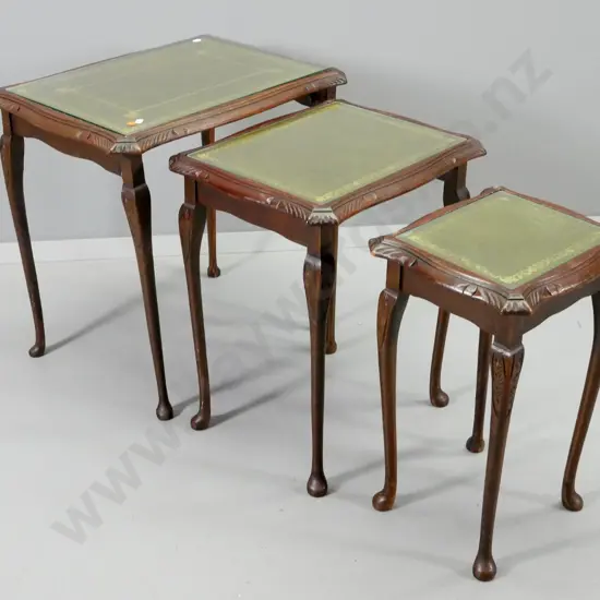 set of 3 mahogany cab-leg nesting tables w/carved detail, glass tops over stamped leather insets - H550 W540 D420
