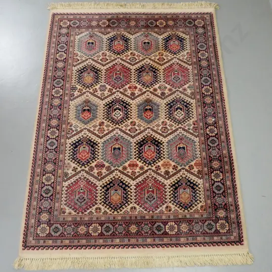 Persian style wool floor rug - reds, browns, blue - L1990 W1390