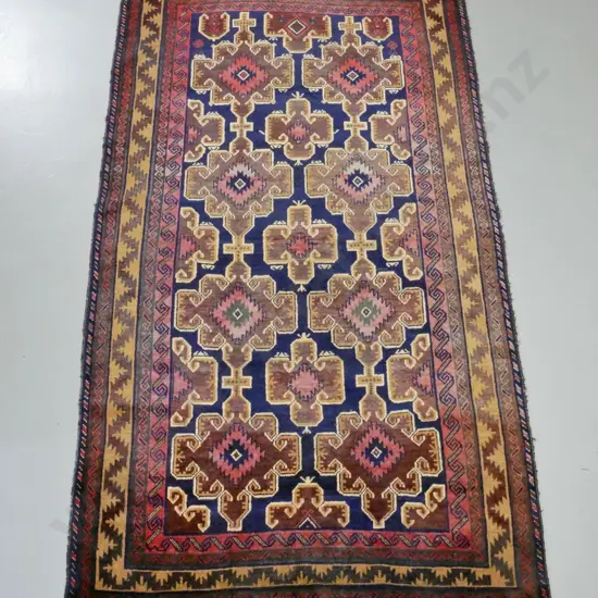 hand-knotted wool Persian floor rug - dark reds, blues and browns - some fading L-2290 W-1340