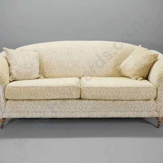 "Recline & Sprawl" Australia rolled arm chesterfield 3-seater settee, patterned chenille, some fading H840 W2100 D960
