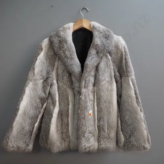 grey fur jacket with Mooney's Made in New Zealand label