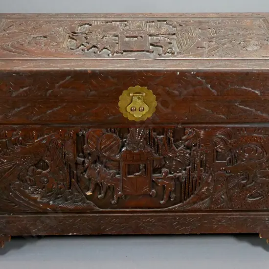 vintage large Chinese hand-carved camphorwood chest with brass lock & key - some movement in joints, small chips