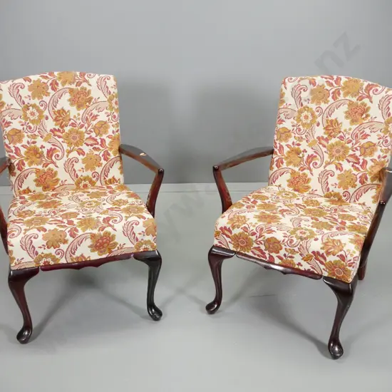 pair of mid-century mahogany framed cab-leg lounge chairs in floral brocade upholstery H810 W600 D600