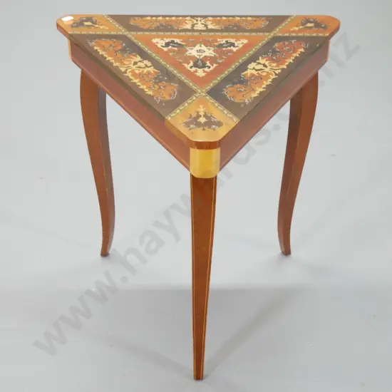 Sorrento style triangular table with lift up top, music mechanism not working H430 Each side 365