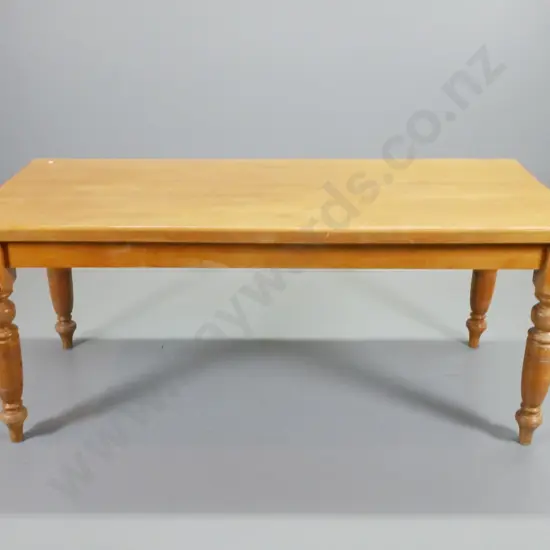 vintage kauri farmhouse kitchen table with turned legs, repairs to cracks in top, scratches, H750 L1790 W810