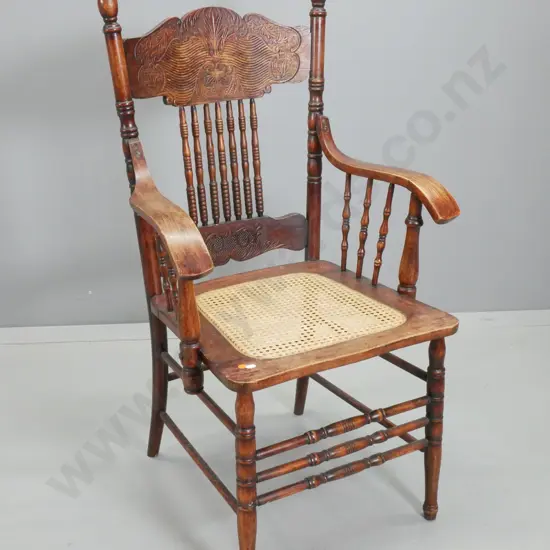 vintage oak elbow chair w/ spindle and press-carved back, bergere cane seat H-1030 W-580 D-480