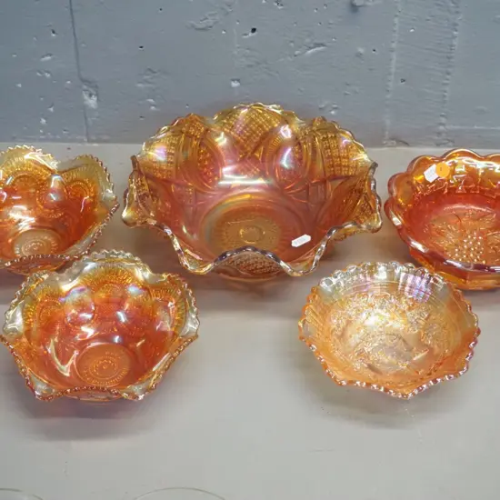 5 marigold colour high lustre carnival glass bowls - largest is Diameter 210