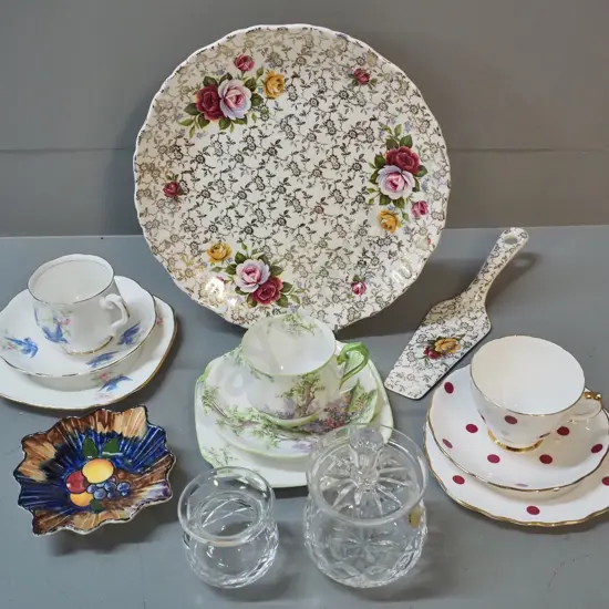 3 trios - 2 Royal Albert - Old Foley cake plate (& server w/mend) Webb Corbett honey jar & small vase, Tunstall pin dish
