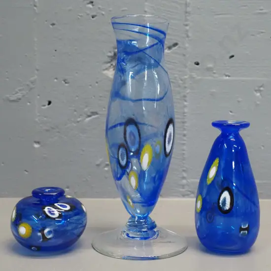 3 blue art glass vases with mille fiore style motifs - tallest is H-220