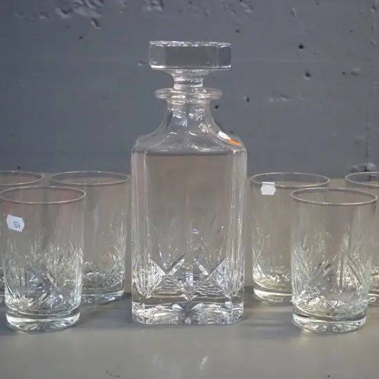 cut crystal stoppered whisky decanter H230 and 6 matching glasses