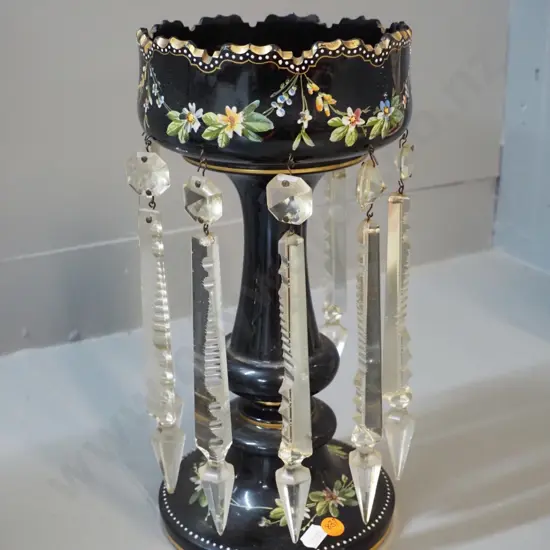 black glass hand-painted lustre vase, one lustre missing and one loose  H-310 D-150