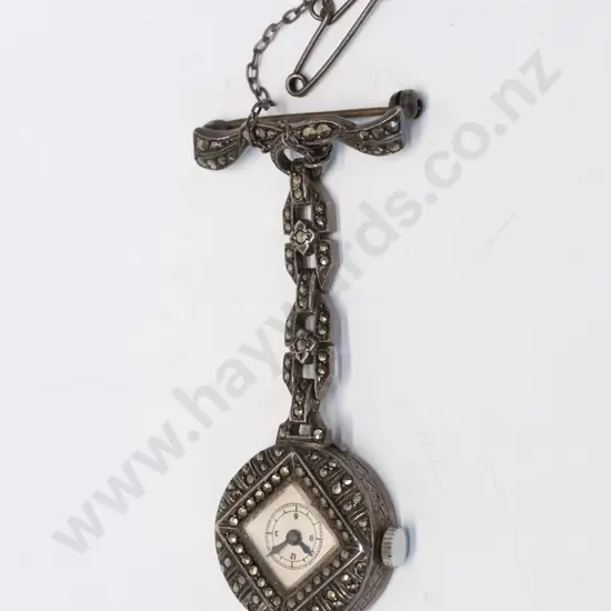 silver marcasite brooch watch stamped 925