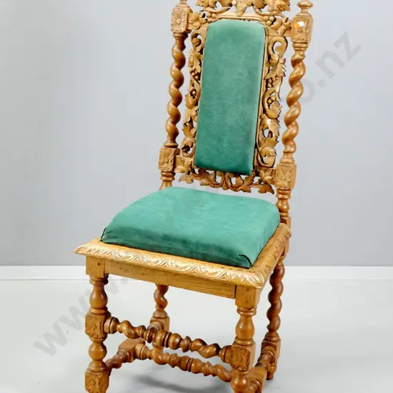 vintage oak heavily carved hall chair with upholstered seat and back replacing original cane, has had repairs H1150 W470