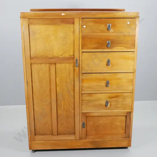 deco style NZ beech 5-drawer manrobe with original drop handles and escutcheons H1460 W1070 D540