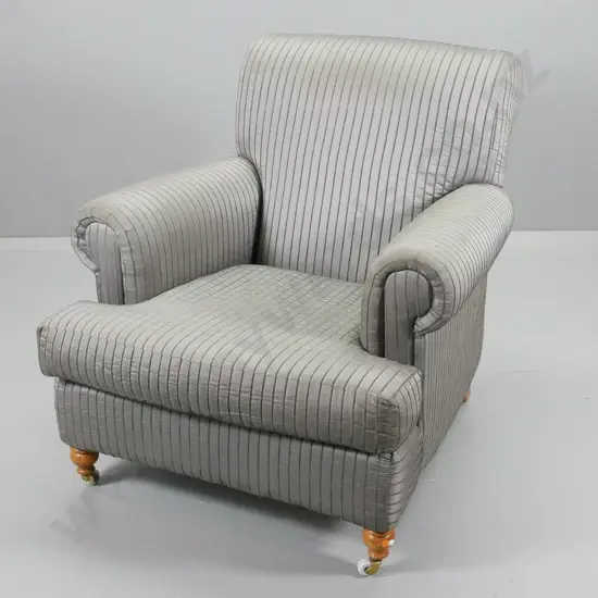 chesterfield rolled-arm high back lounge chair, porcelain casters on front, grey ribbed fabric H880 W830 D950