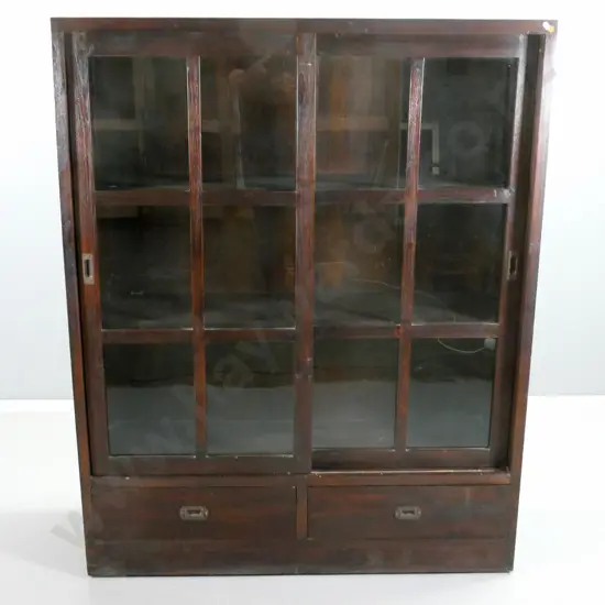 reproduction mahogany bookcase w/2 sliding glazed doors, 2 drawers w/ brass campaign handles H1505 W1200 D400