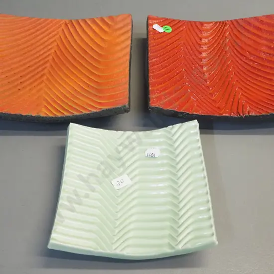 3 Danny Moorwood studio pottery wall tiles - two orange matte 200 x 200 and smaller green high glaze