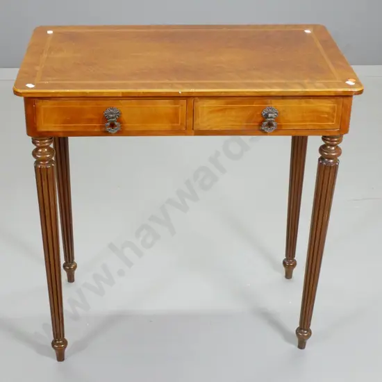 reproduction flame mahogany w/inlay border 2-drawer occasional table w/ fluted legs, wobbly, one leg at slight angle