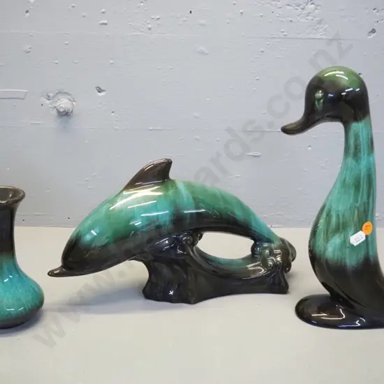3 pieces Blue Mountain pottery - standing duck H290, dolphin figure H185 L320 (small chip to fin) & small vase
