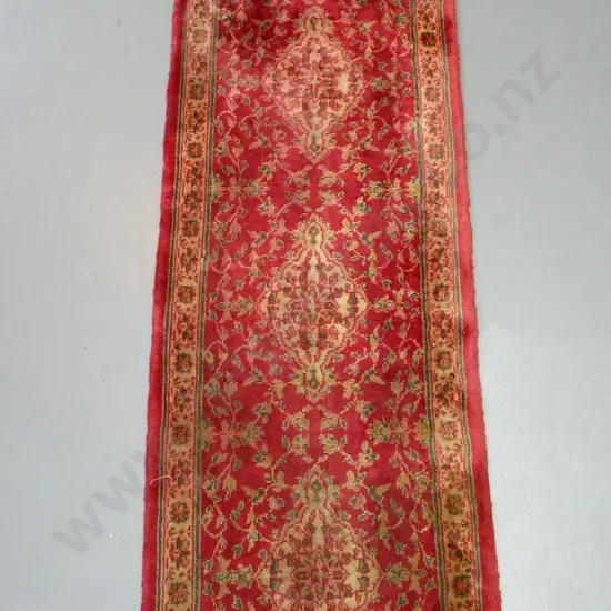 Bangladeshi jute Persian-style floor runner - red, brown and green - some red dye has run L2250 W610