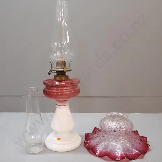 vintage kerosene lamp - white base, ruby tank, w/chimney plus a non-matching ruby & clear shade and spare chimney