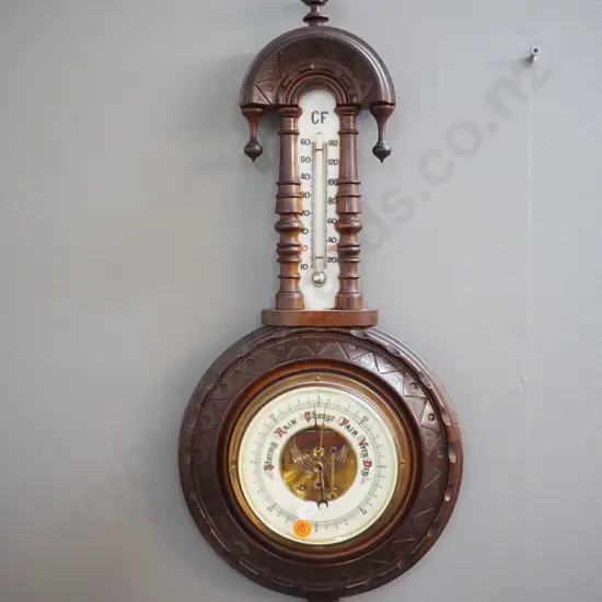 vintage ornate wood cased wall barometer-thermometer H600