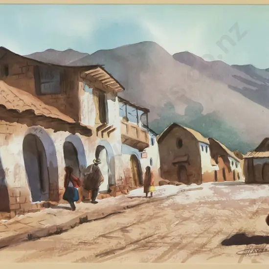 framed watercolour - street scene H-230 W-320