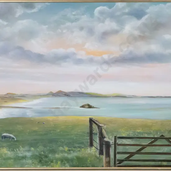 Ray Geddes 1984 - framed oil "Taieri Mouth & Coast" H-340 W-580
