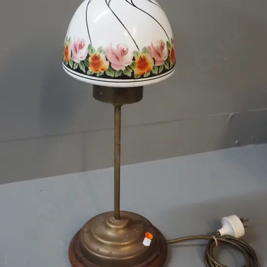 vintage brass table lamp on wooden base, milk glass shade with floral band H480