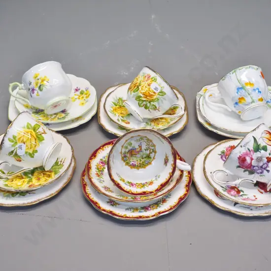6 Royal Albert trios including Chelsea Bird, Primulette, Autumn Crocus, etc.