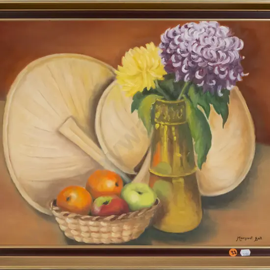 Margaret Bell - framed acrylic - still life fruit & flowers H-390 W-490